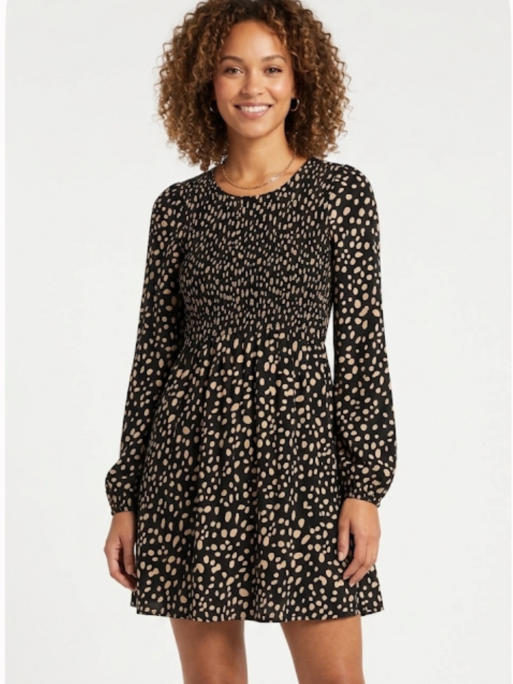 Francesca’s Mi ami smocked brown long sleeve as strict polka dots dress size M